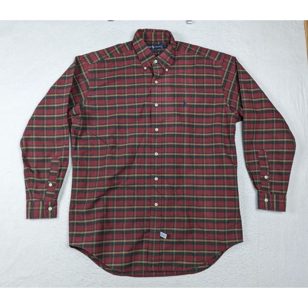 Ralph Lauren Mens Plaid Button Shirt M Red Green 100% Cotton Medium